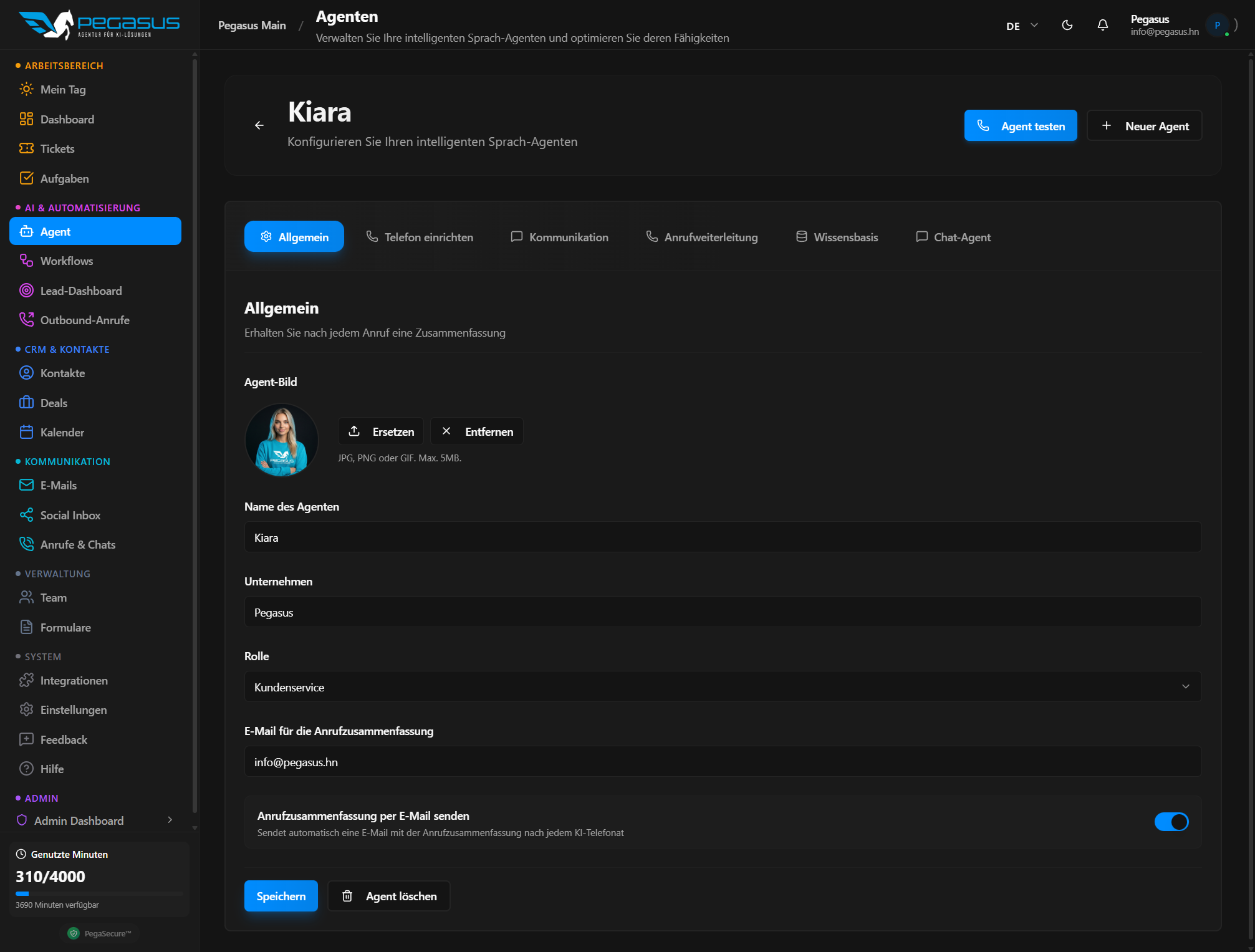 Pegasus Agent-Konfiguration – Begrüßung, Verhalten und Kalender-Anbindung