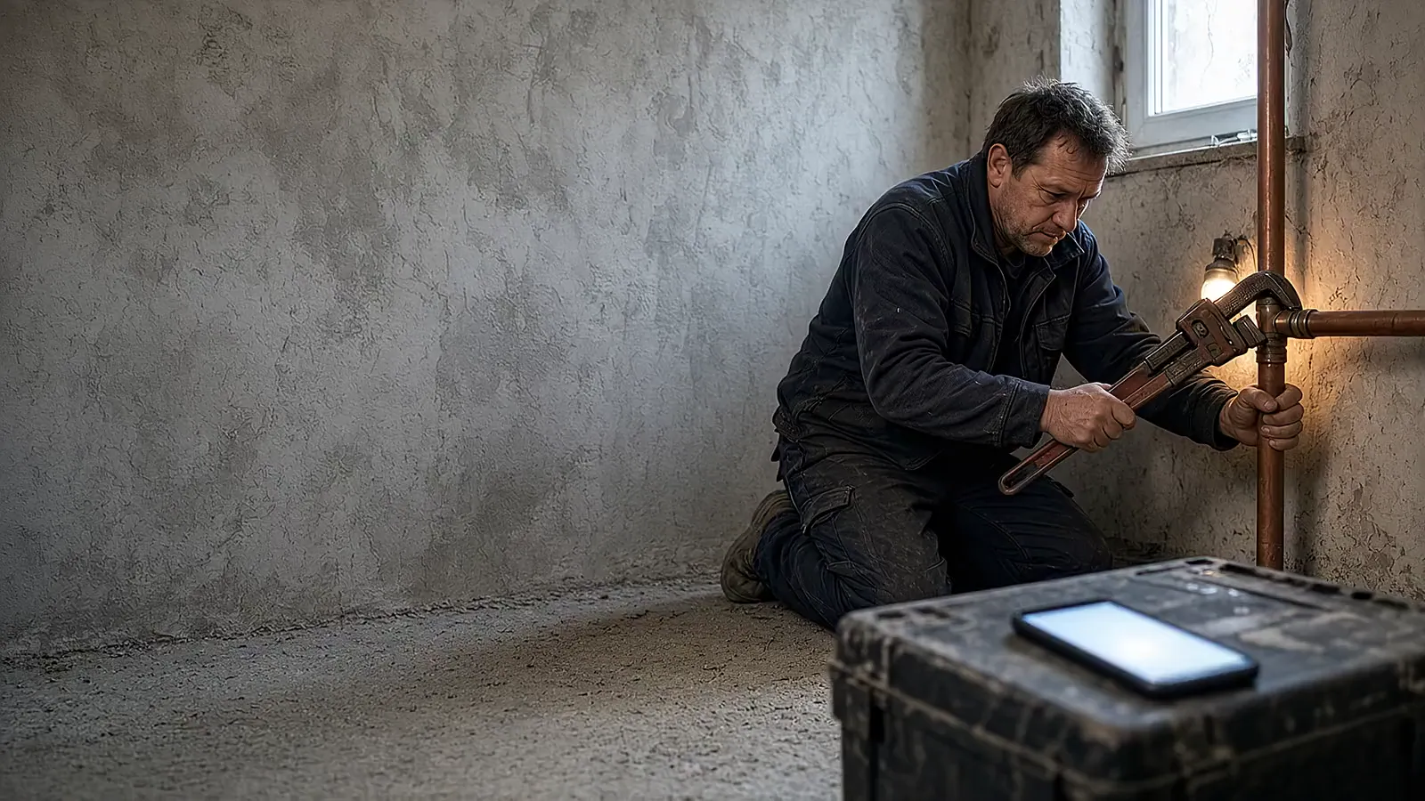 Handwerker bei der Arbeit, sein Telefon liegt auf dem Werkzeugkoffer